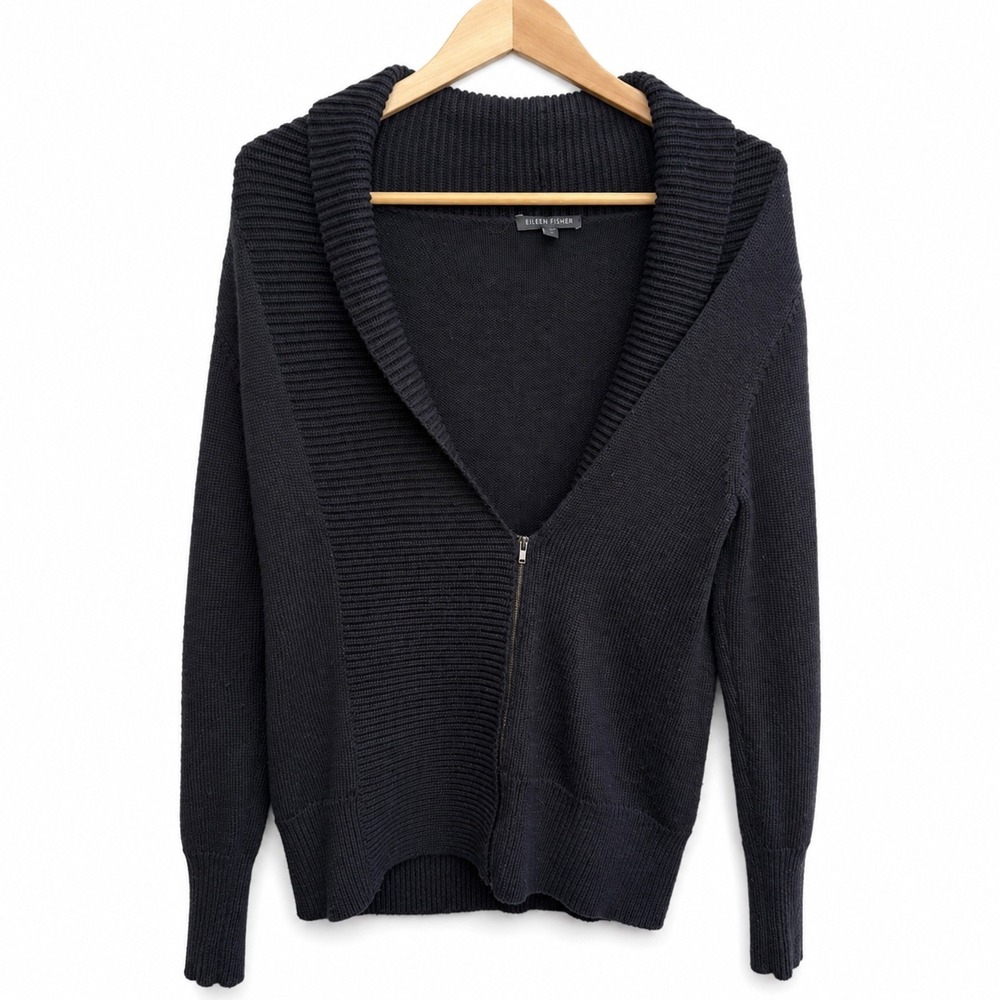 Eileen Fisher Black 100% Merino Wool Italian Yarn Zip Cardigan Sweater Small